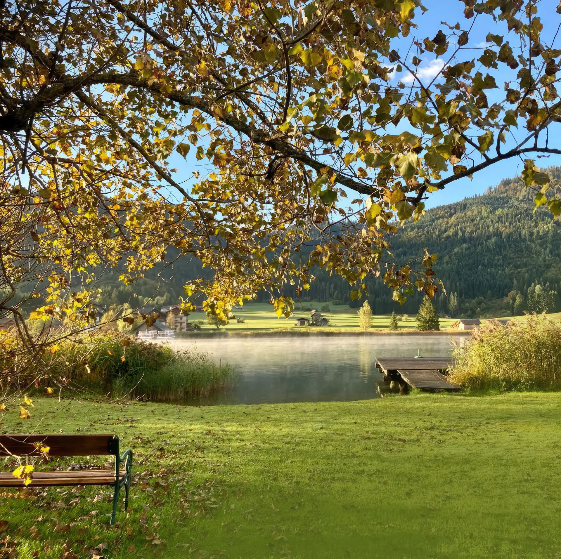 Blick auf den Weissenseesee am Morgen. Es ist Herbst und Nebel steht leicht auf dem See.